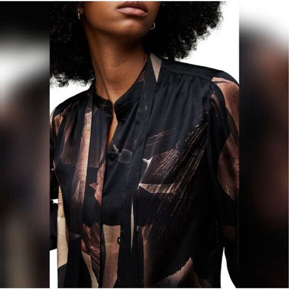 AllSaints Toni Iris Silk Blend Shirt Button Up Coffee Brown NEW - Picture 3 of 14